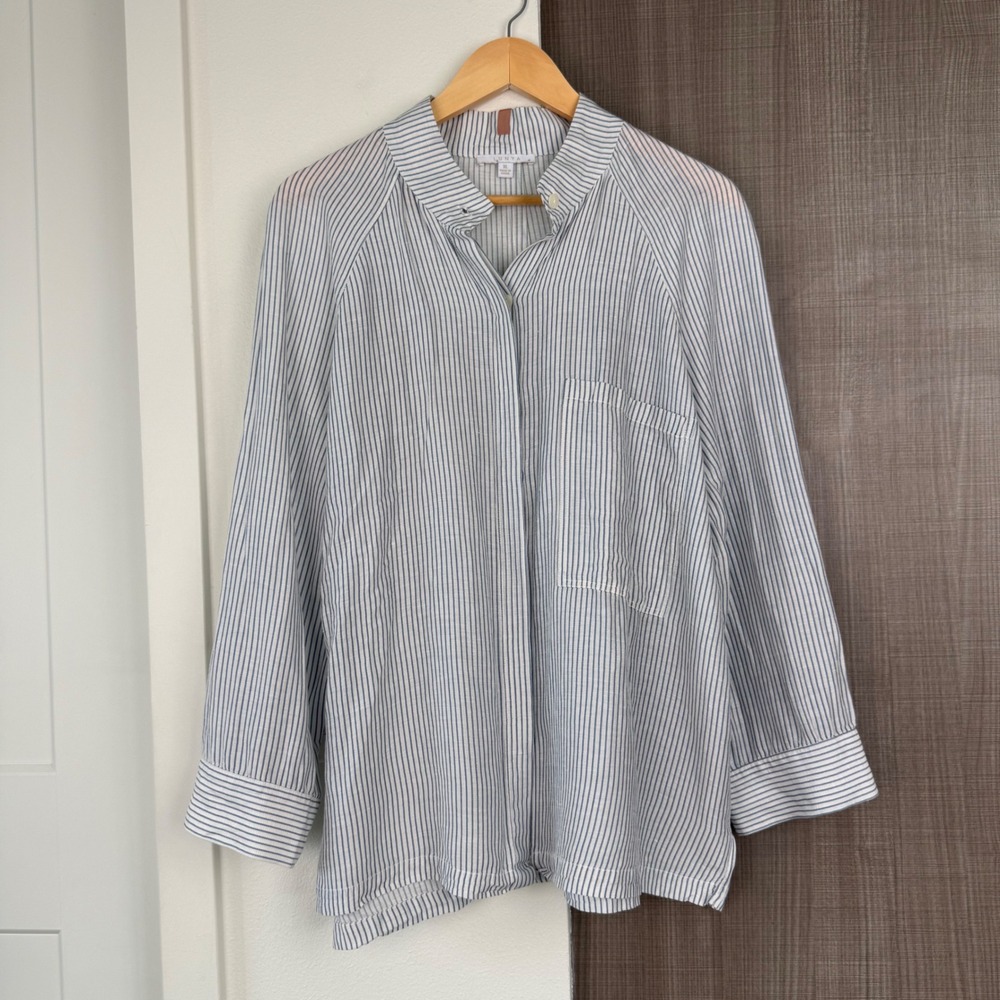 Lunya Blue Striped Resort Linen Silk Shirt Mockneck Button Down Size XL - Picture 3 of 12